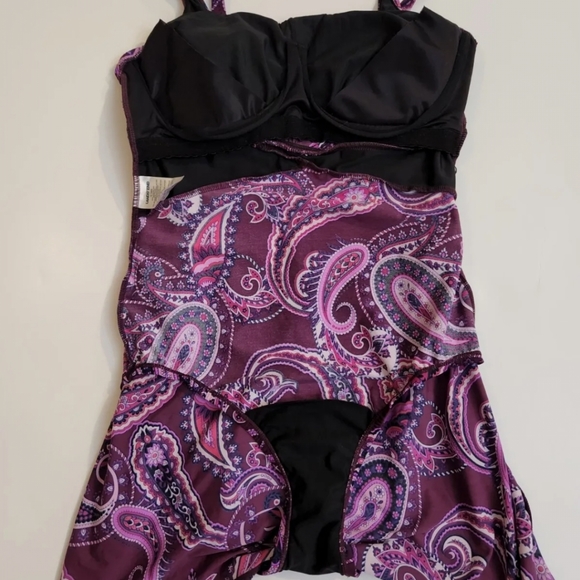 Lands' End Purple Paisley Tummy Control Swimsuit Dresskini Swim Dress!Size 10DDD - Picture 4 of 5